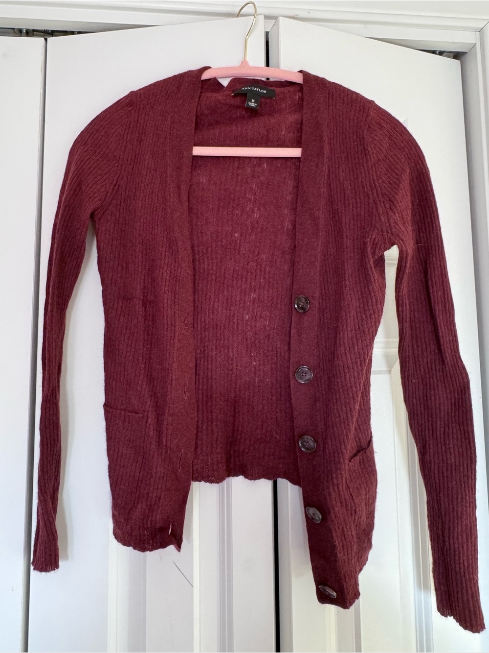 Ann Taylor Wine Ribbed Button-Front Cardigan